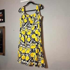 London Times Fit and Flare Sundress Black Yellow Floral Cotton Size 10